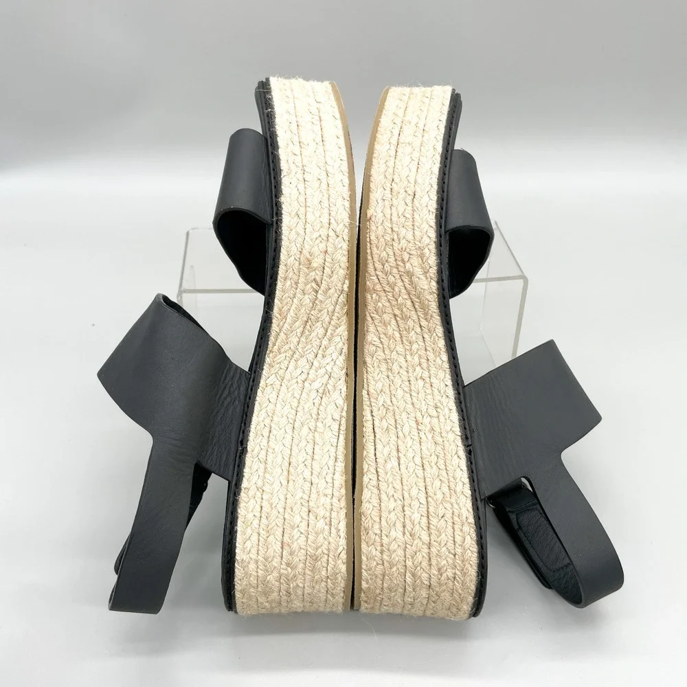 Vince Womens 10M Janet Espadrille Platform Sandals Black Leather Jute Wedge Boho